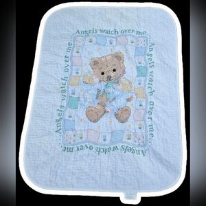 Baby Bear Quilted Baby Blanket - Blue "Angels Watch Over Me"